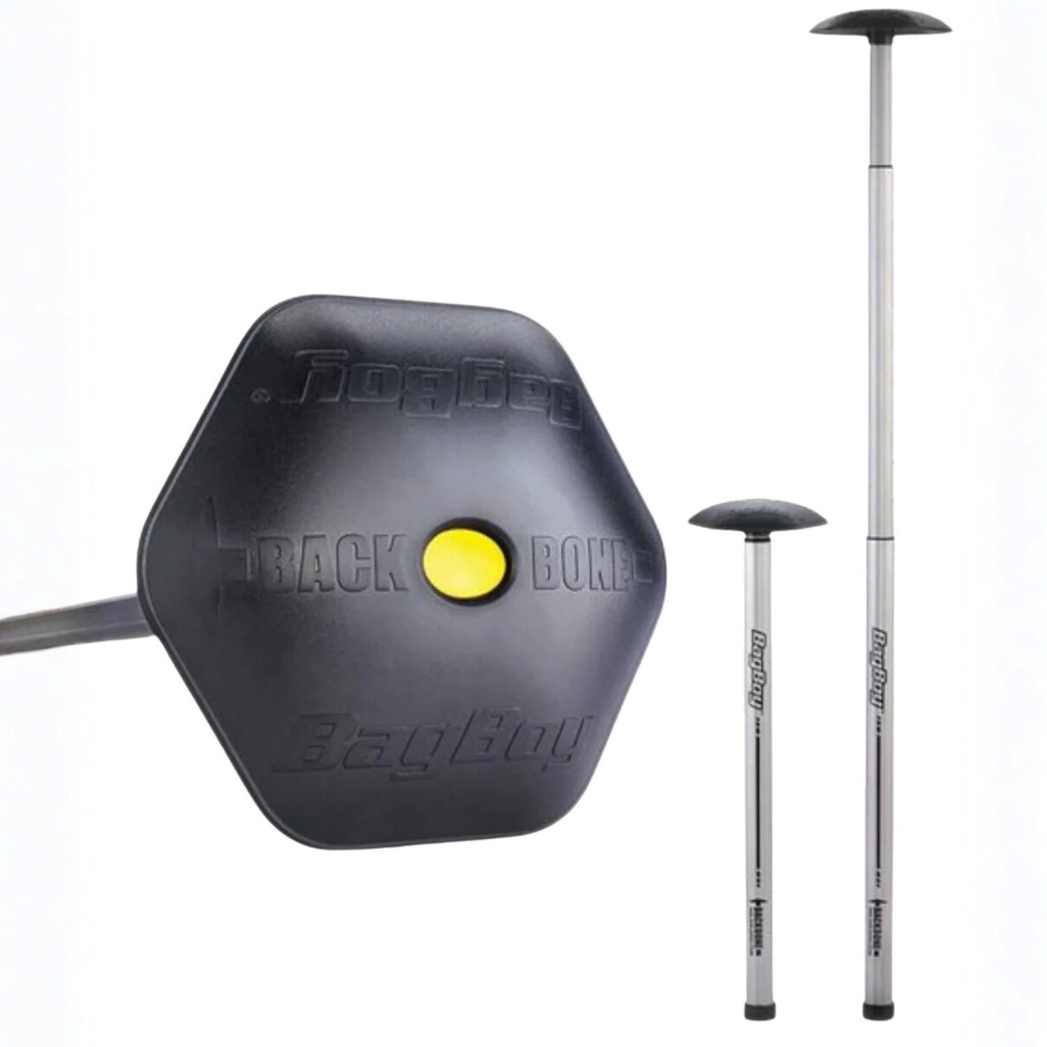 Black and yellow extendable Bagboy backbone on a white background