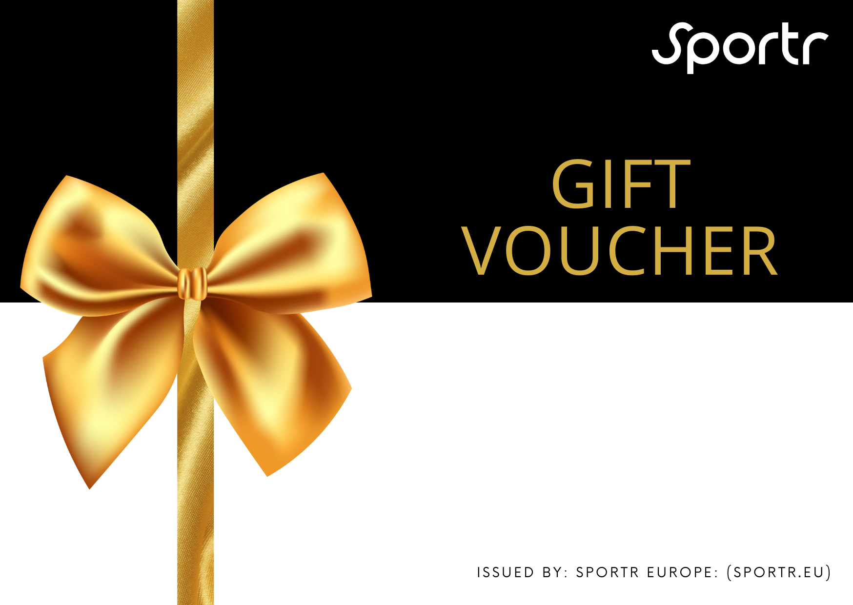 Gift voucher with a gold bow on a black and white background, featuring the brand 'Sportr'.