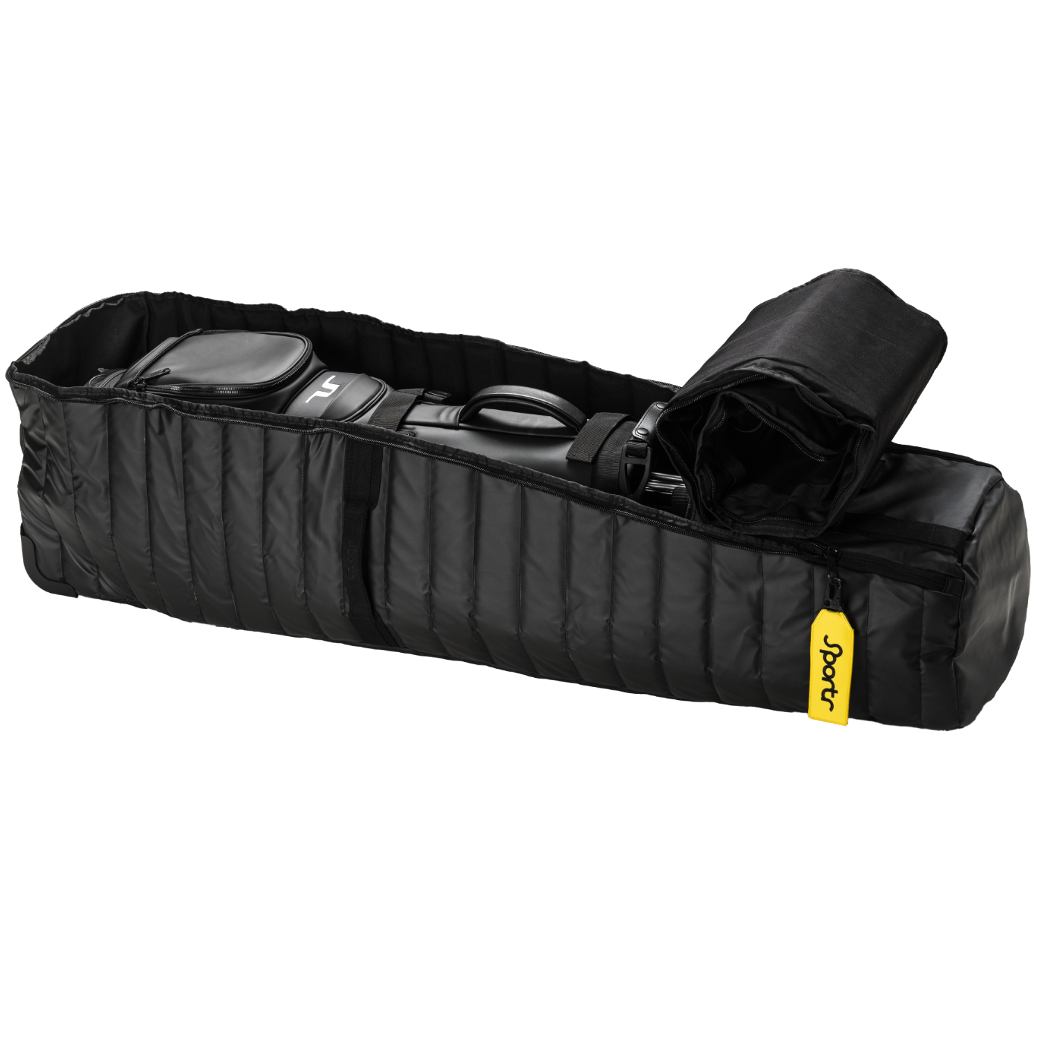 Open Sportr Golf Travel Bag with a yellow label on a white background