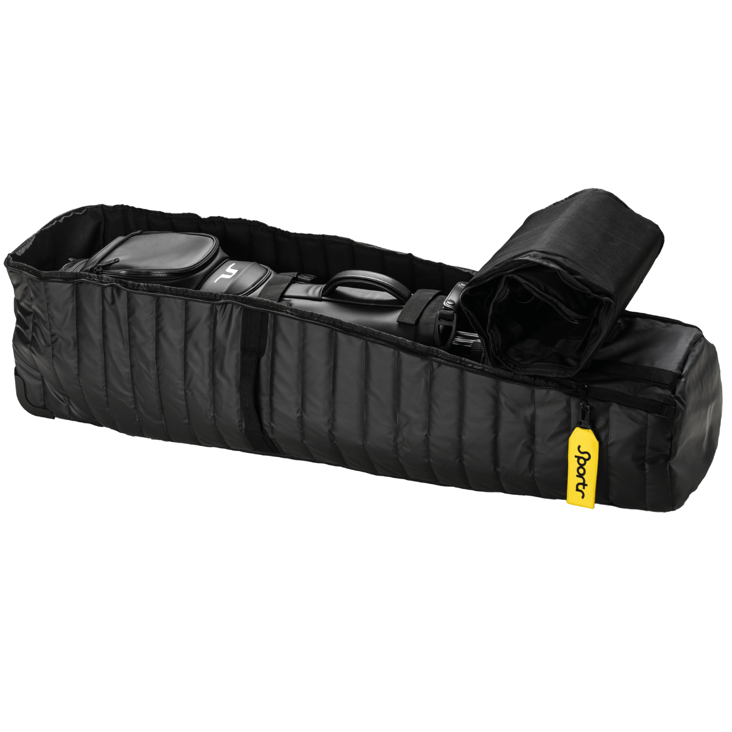 Open Sportr Golf Travel Bag with a yellow label on a white background