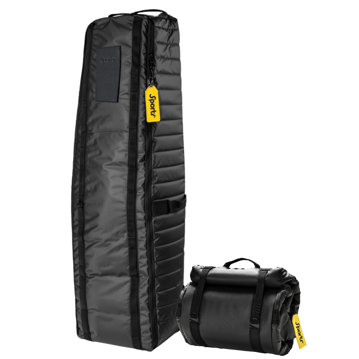Sportr Golf Travel Bag front view and a rolled up one, bothwith a yellow tag on a white background