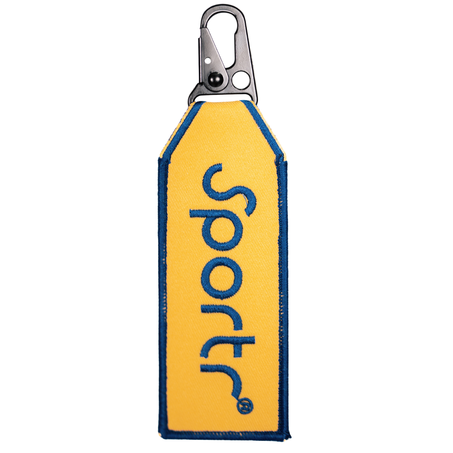 Yellow bag tag with blue 'Sportr' text and carabiner clip on a white background