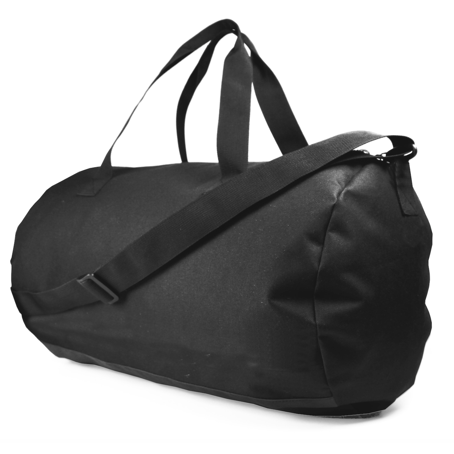 Black Sportr duffel bag with a shoulder strap on a white background