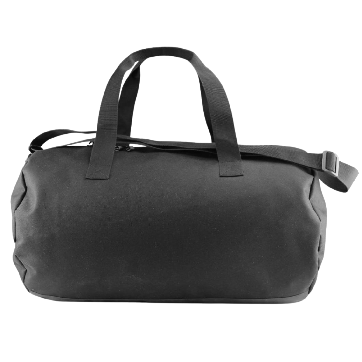 Black duffel bag (back) on a white background