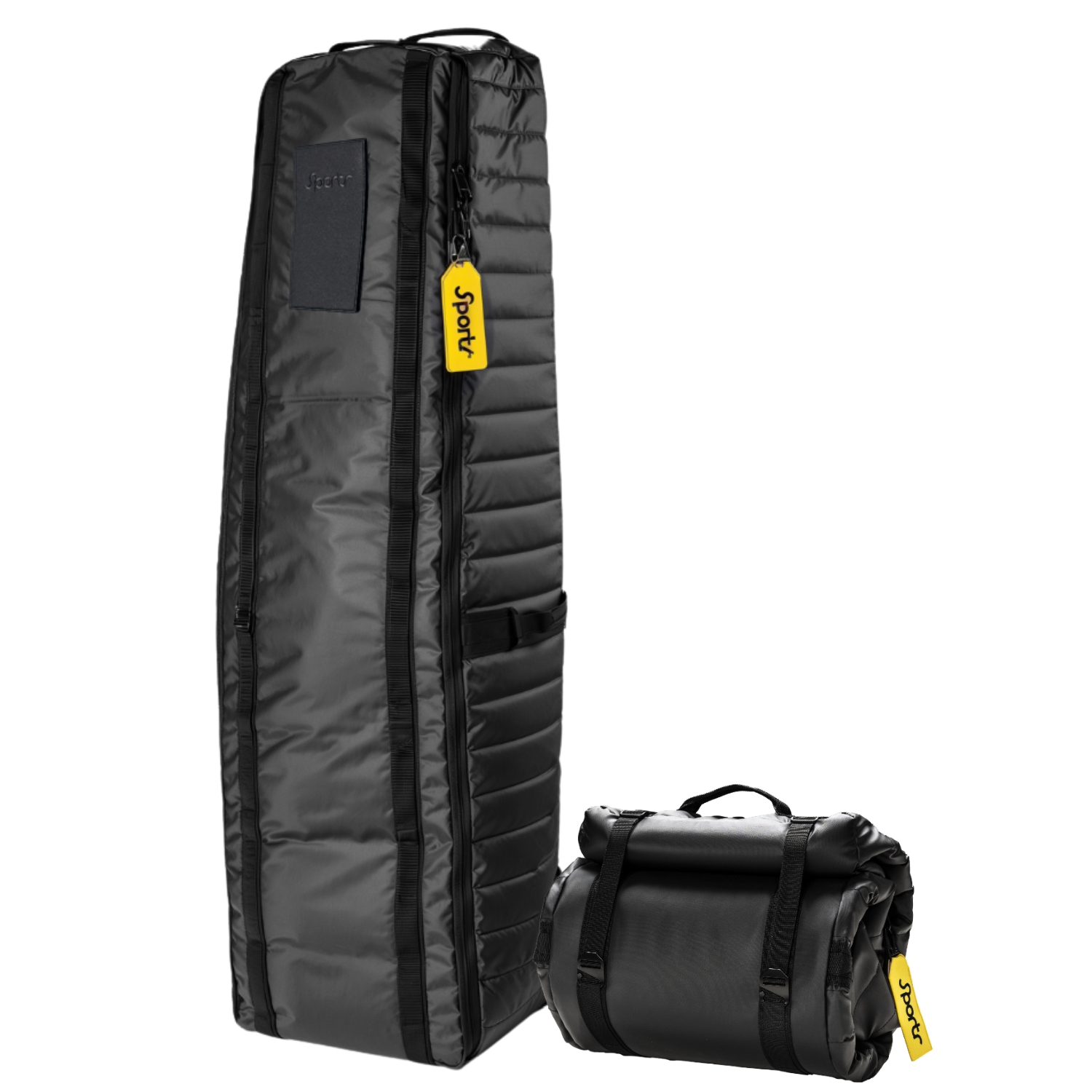 Sportr Golf Travel Bag front view and a rolled up one, bothwith a yellow tag on a white background