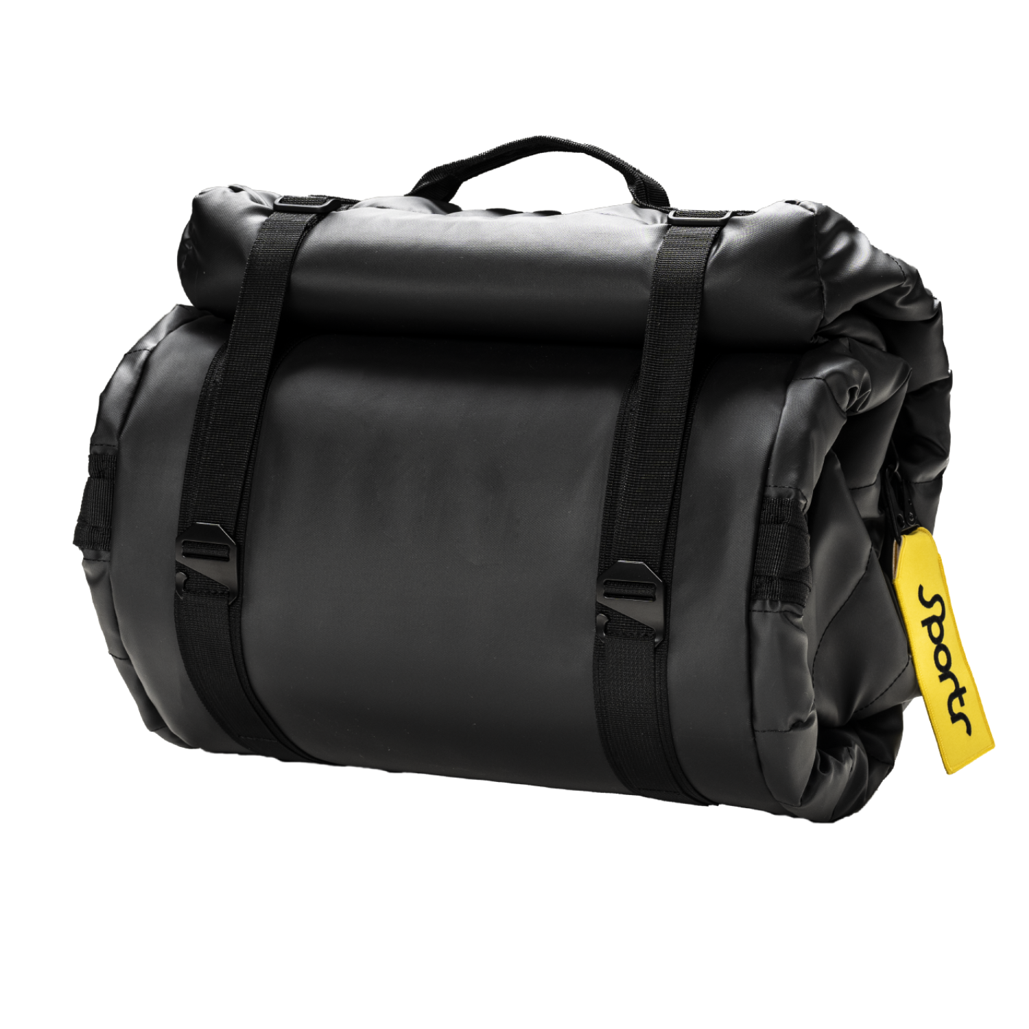 Black roll-up Sportr Golf Travel Bag with a  yellow tag on a white background