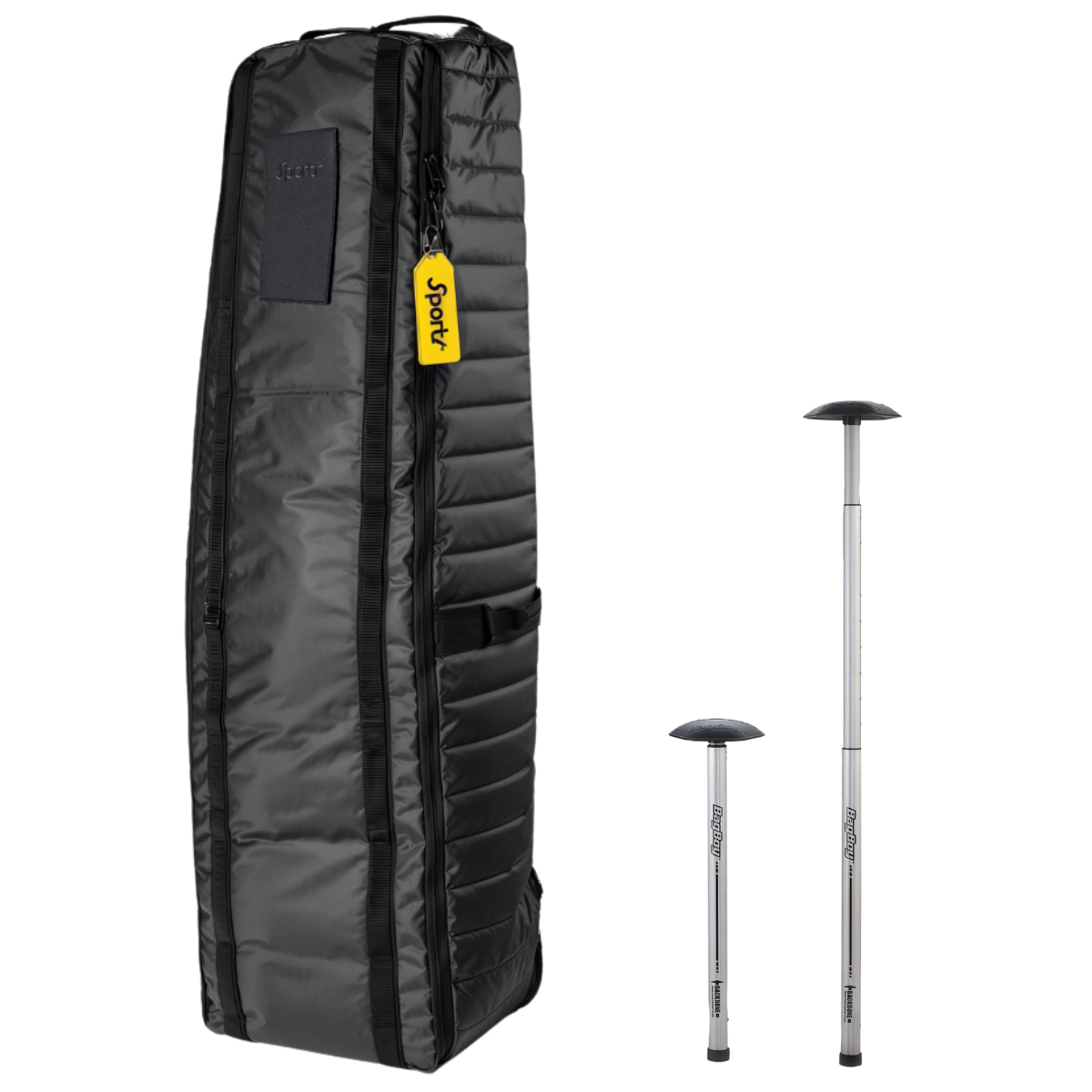 Black Sportr golf travel bag with a yellow Sportr tag and two Bagboy Backbones (one is made a bit longer)