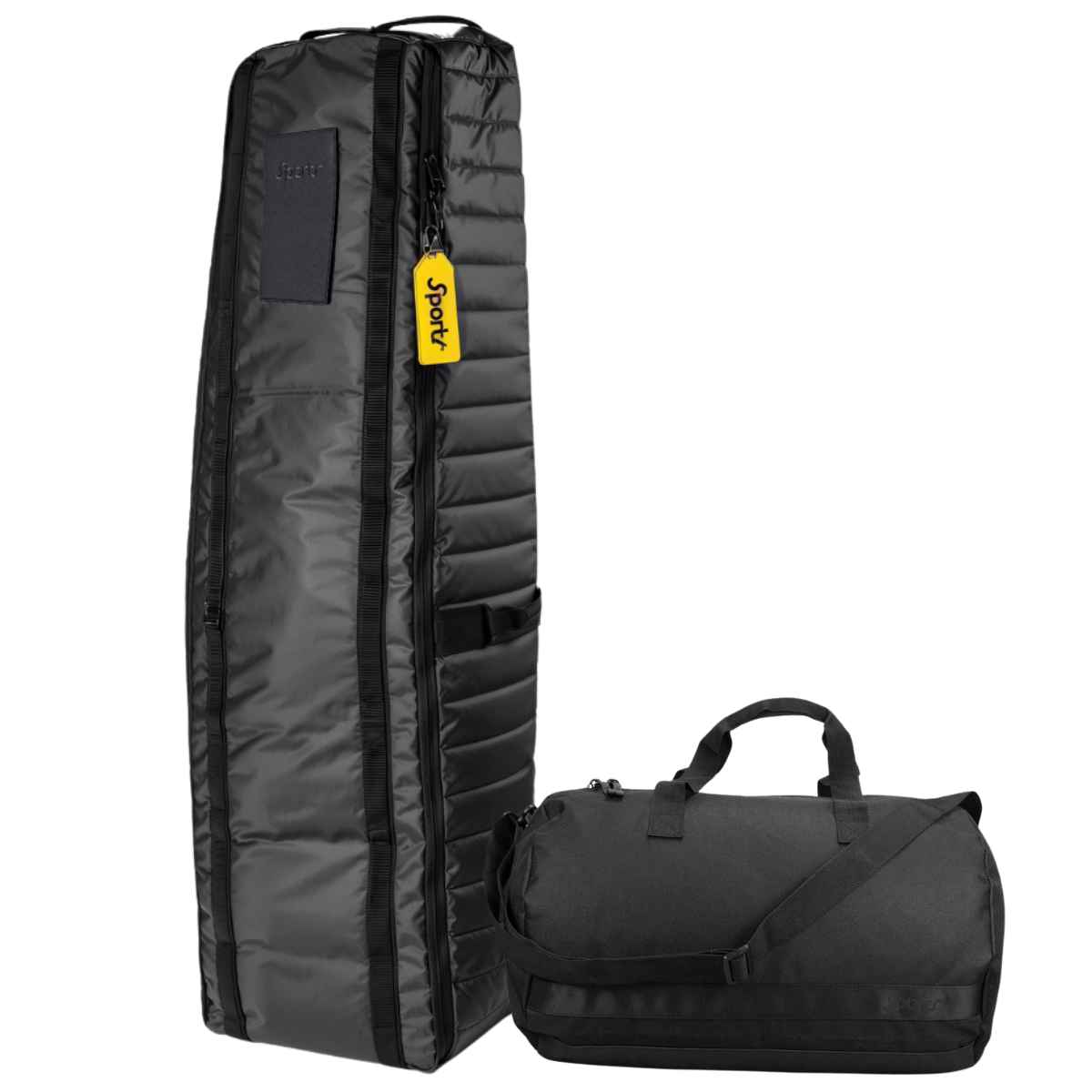 Black Sportr Golf travel bag with a yellow Sportr tag  and a Sportr duffel bag on a white background